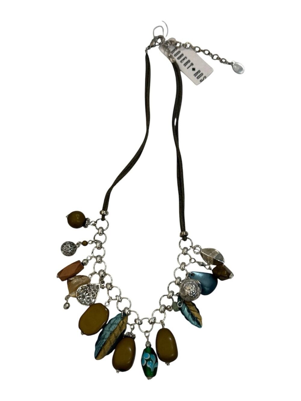 Robert Rose Vintage Gold Tone Turquoise Charm Necklace Leather Strap NWT